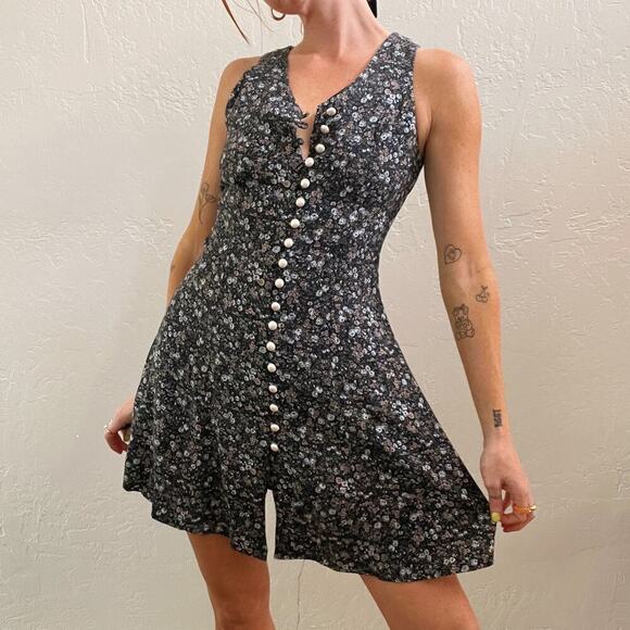 Vintage 1990's Black Floral Pearl Button Up Sleeveless Mini Dress - Picture 2 of 5